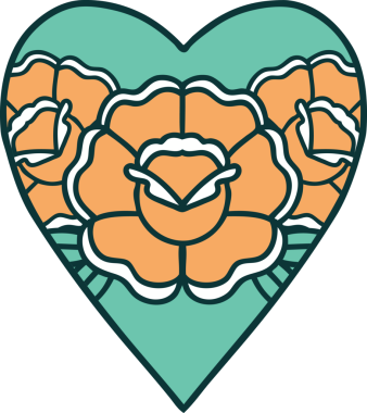 Bir insan tarafından çizilmiş kalp ve çiçeklerin ikonik dövme şekli