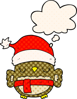 Bir insan tarafından çizilmiş çizgi roman tarzında düşünce baloncuğu olan şirin noel baykuşu.