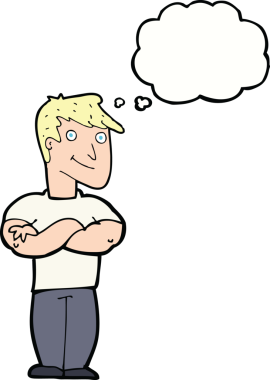 Bir insan tarafından çizilmiş düşünce balonlu kaslı bir adam.