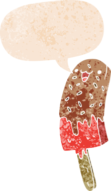 Tatlı çizgi film mutlu buz lolipop ile grunge sıkıntılı retro stil bir insan tarafından çizilmiş konuşma balonu