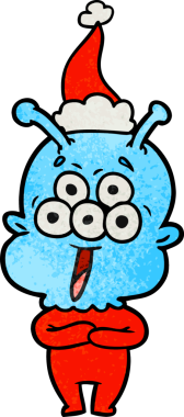 Bir insan tarafından çizilmiş Noel Baba şapkası giyen bir uzaylının çizilmiş mutlu el çizimi karikatürü.