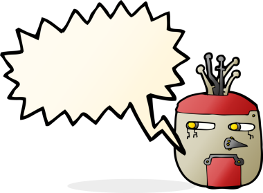 bir insan tarafından çizilmiş konuşma balonlu robot kafası.