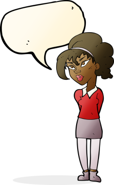 Bir insan tarafından çizilmiş konuşma baloncuğuyla başını eğen güzel kız.