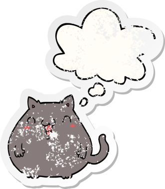 Düşünce baloncuğu olan çizgi film kedisi insan tarafından çizilmiş yıpranmış bir çıkartma.