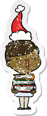 Bir insan tarafından çizilmiş Noel Baba şapkası takan mutlu bir çocuğun el çizimi çıkartması.