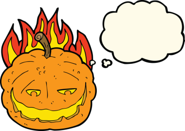 Bir insan tarafından çizilmiş düşünce baloncuklu Cadılar Bayramı balkabağı çizgi filmi.