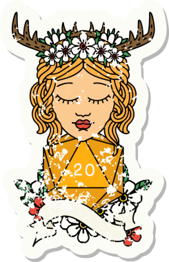 Bir insan tarafından çizilmiş doğal yirmi zarlı bir Druid 'in grunge çıkartması.