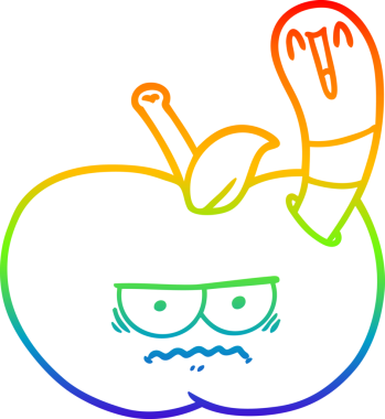 Bir insan tarafından çizilmiş kızgın bir elmayı yiyen çizgi film solucanının çizimi.