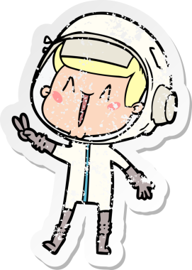 Bir insan tarafından çizilmiş barış işareti veren mutlu bir astronotun sıkıntılı çıkartması.