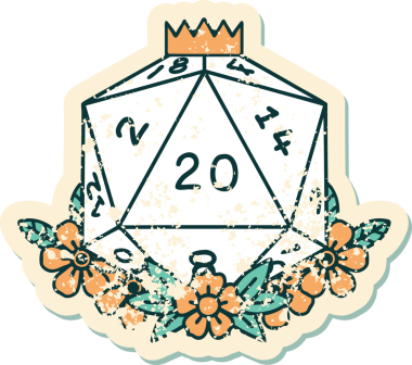 Bir insan tarafından çizilmiş çiçek elementleriyle 20 D20 zarının grunge sticker 'ı.