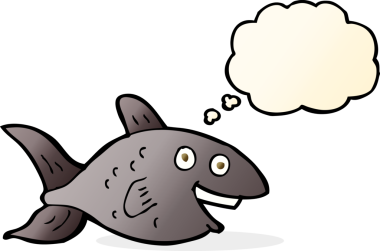 Bir insan tarafından çizilmiş düşünce baloncuklu çizgi film balığı.