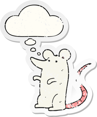 Düşünce baloncuğu olan çizgi film faresi insan tarafından çizilmiş yıpranmış bir çıkartma.