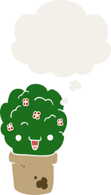 Bir insan tarafından çizilmiş düşünce baloncuğuyla saksıda karikatür çalısı.