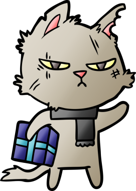 Bir insan tarafından çizilmiş Noel hediyeli sert çizgi film kedisi.