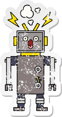 Bir insan tarafından çizilmiş arızalı bir robot çizgi film çıkartması.