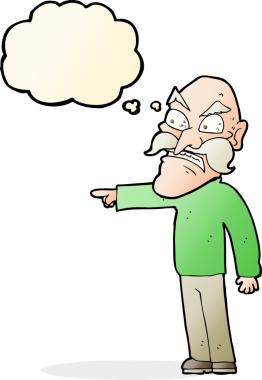 Bir insan tarafından çizilmiş düşünce baloncuğu olan öfkeli yaşlı bir adam.