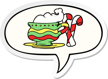 Bir insan tarafından çizilmiş balon çıkartmalı şeker çubuklu Noel Kakaosu çizgi filmi.