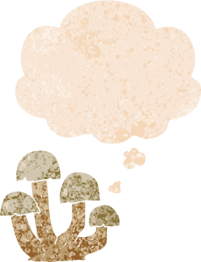 Düşünce baloncuklu çizgi film mantarı grunge sıkıntılı retro desen bir insan tarafından çizilmiş