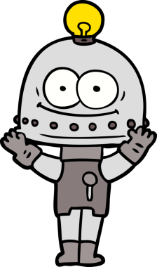 Bir insan tarafından çizilmiş ampullü mutlu karton robot.