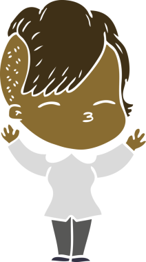 Düz renkli çizgi film çizen kız bir insan tarafından çizilmiş.