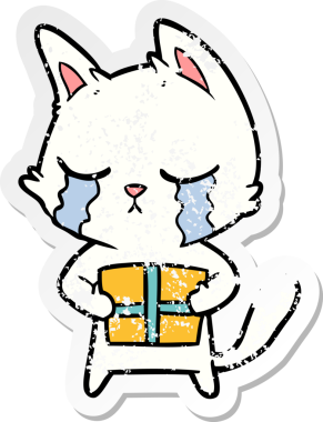 Bir insan tarafından çizilmiş Noel hediyesini elinde tutan, ağlayan bir çizgi film kedisinin hüzünlü çıkartması.