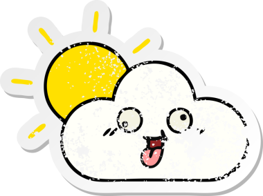 Tatlı bir çizgi film güneşinin sıkıntılı çıkartması ve bir insan tarafından çizilmiş bulut.