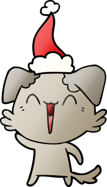 Bir insan tarafından çizilmiş küçük köpek elini sallayarak Noel Baba şapkasını çiziyor.