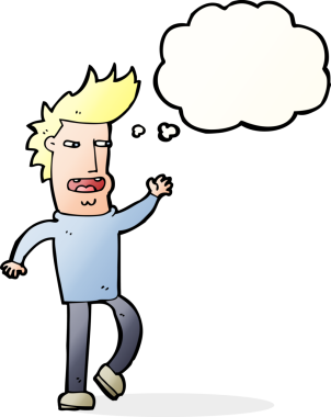 Bir insan tarafından çizilmiş düşünce baloncuğu olan boşboğaz bir adam.