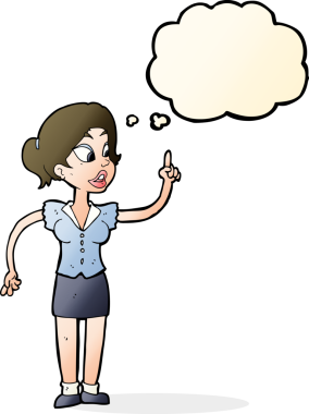 Bir insan tarafından çizilmiş düşünce baloncuğuyla harika bir fikri olan çizgi film kadını.