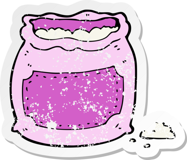 Bir insan tarafından çizilmiş pembe renkli bir un torbasının gerilimli retro etiketi.