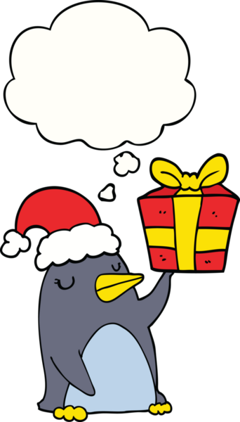 Bir insan tarafından çizilmiş düşünce baloncuğuyla noel hediyesi olan penguen çizgi filmi.