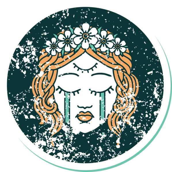 İkonik sıkıntılı dövme stili üçüncü gözü ve bir insan tarafından çizilmiş çiçek taçlı kadın yüzü.