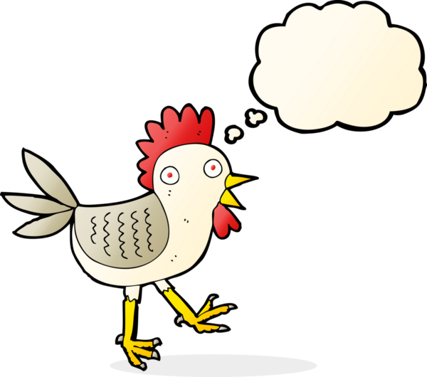 Bir insan tarafından çizilmiş düşünce balonlu komik çizgi film tavuğu.
