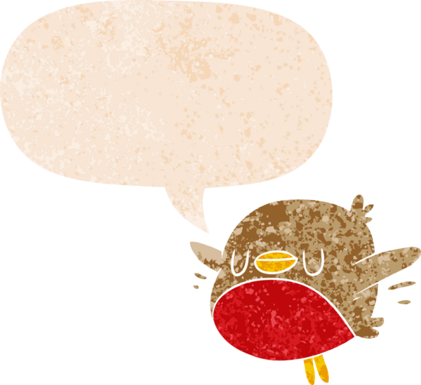 çizgi film noel robin konuşma balonu ile grunge sıkıntılı retro dokuma tarzı bir insan tarafından çizilmiş