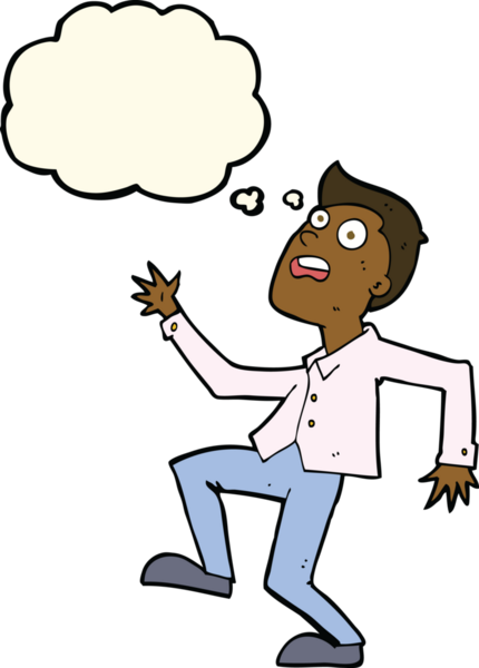 Bir insan tarafından çizilen düşünce baloncuğuyla panikleyen çizgi film adamı.