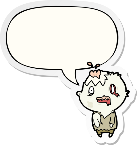 Bir insan tarafından çizilmiş konuşma balonu çıkartmalı bir zombi çizgi filmi.