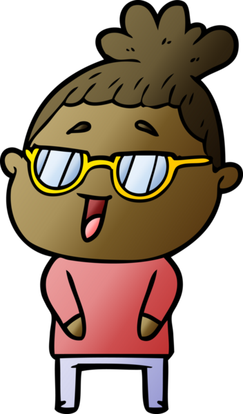 Bir insan tarafından çizilmiş gözlüklü mutlu kadın çizgi filmi.