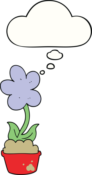 Bir insan tarafından çizilmiş düşünce baloncuğu olan sevimli bir karikatür çiçeği.