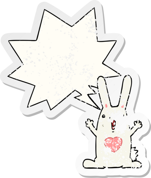 Konuşma balonuna aşık çizgi film tavşanı bir insan tarafından çizilmiş sıkıntılı eski bir çıkartma