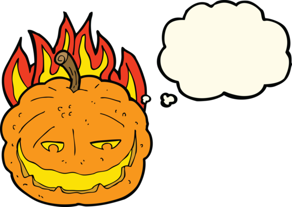 Bir insan tarafından çizilmiş düşünce baloncuklu Cadılar Bayramı balkabağı çizgi filmi.