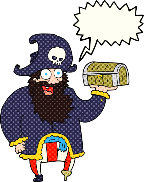 Bir insan tarafından çizilmiş hazine sandığı olan karikatür karikatür korsan kaptanı.