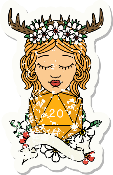 Bir insan tarafından çizilmiş doğal yirmi zarlı bir Druid 'in grunge çıkartması.