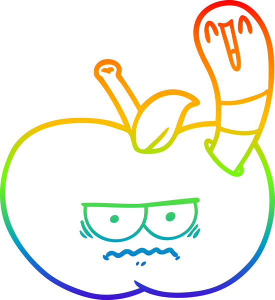 Bir insan tarafından çizilmiş kızgın bir elmayı yiyen çizgi film solucanının çizimi.