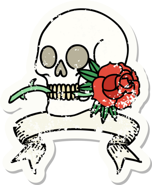 Bir insan tarafından çizilmiş kafatası ve gülü olan eski bir etiket.