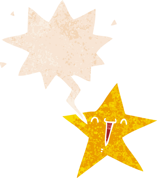 Bir insan tarafından çizilmiş grunge sıkıntılı retro tarzı ile mutlu çizgi film yıldızı konuşma balonu