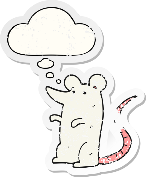 Düşünce baloncuğu olan çizgi film faresi insan tarafından çizilmiş yıpranmış bir çıkartma.