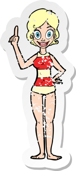 Çizgili mayo giymiş, bir insan tarafından çizilmiş karikatür kadın etiketi.