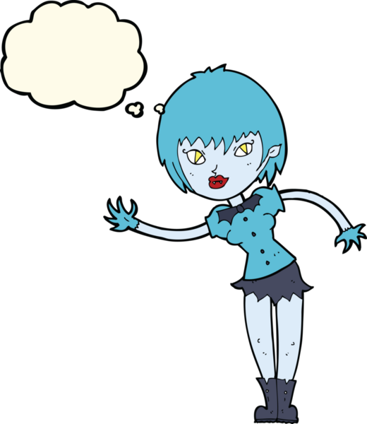 Bir insan tarafından çizilmiş düşünce balonuyla karşılayan vampir kız.