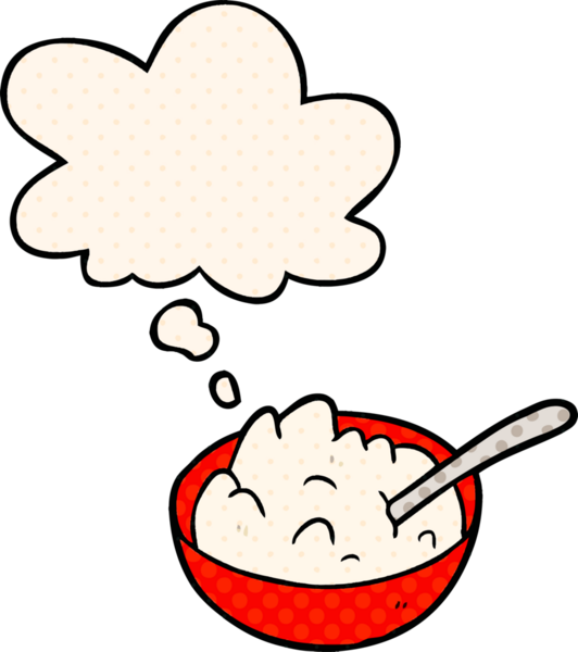 Çizgi roman tarzında bir insan tarafından çizilmiş düşünce baloncuklu lapa kasesi.