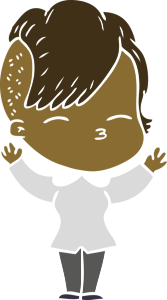 Düz renkli çizgi film çizen kız bir insan tarafından çizilmiş.